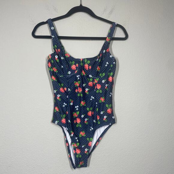 ModCloth Medium The Brandy Underwire One-Piece Swimsuit Blue Strawberry Print - Picture 3 of 13